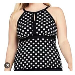 Lands End Keyhole Tankini Top Polka Dot Black White Swimsuit Women’s 18D EUC